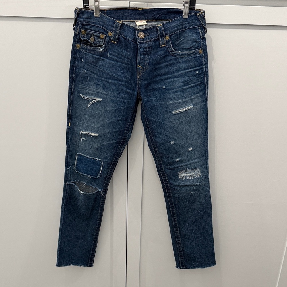 True Religion Women’s Jeans Size 26 Distressed Patchwork Made in USA Raw Hem